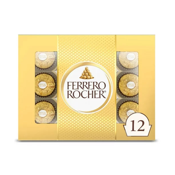 12 Count, Ferrero Rocher Premium Gourmet Milk Chocolate Hazelnut, Individually Wrapped Candy for Gifting, 5.3 oz