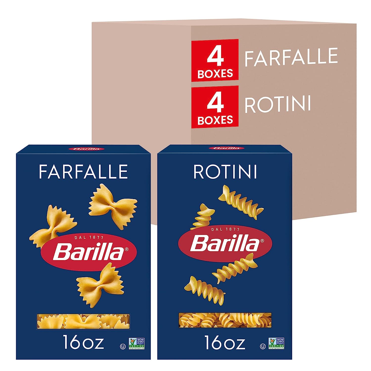 BARILLA Blue Box Pasta Variety Pack, Farfalle & Rotini, 16 Oz Box (Pack of 8), 8 Servings per Box - Non-GMO Pasta Made with Durum Wheat Semolina - Italy's #1 Pasta Brand - Kosher Certified Pasta