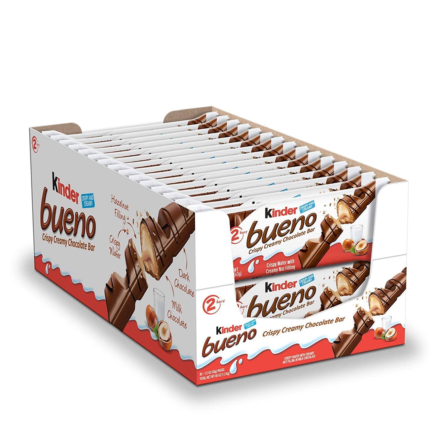 Kinder Bueno Milk Chocolate and Hazelnut Cream, 2 Individually Wrapped Chocolate Bars Per Pack, 1.5 oz each, 30 Pack