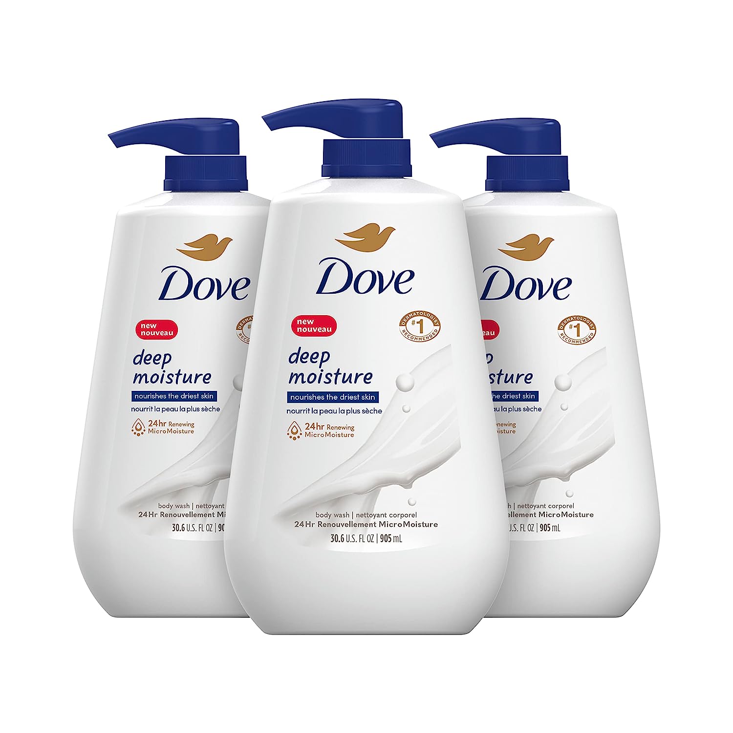 Dove Body Wash with Pump Deep Moisture 3 Count For Dry Skin Moisturizing Skin Cleanser with 24hr Renewing MicroMoisture Nourishes The Driest Skin 30.6 oz