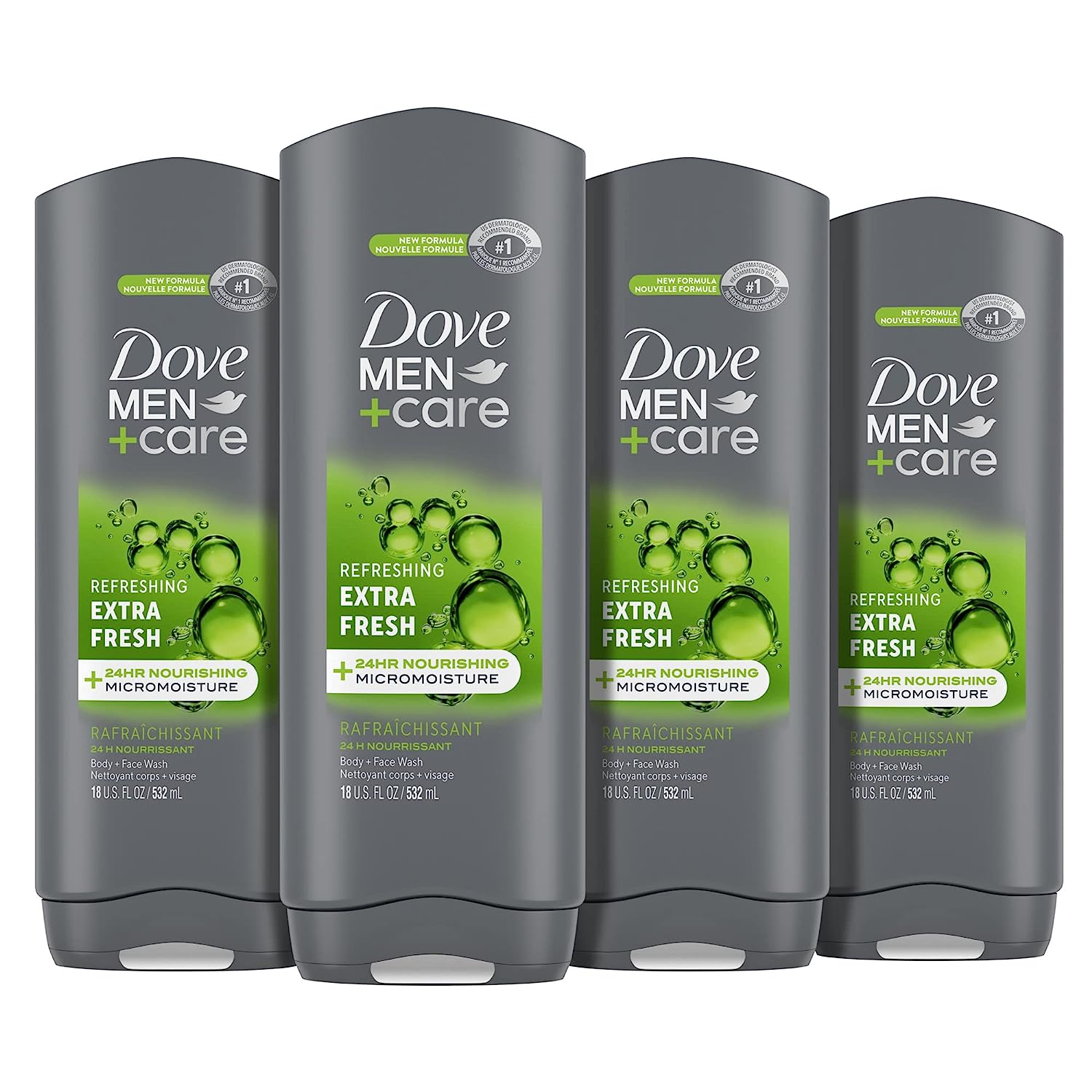 Dove Men+Care Body Wash Extra Fresh for Men's Skin Care Body Wash Effectively Washes Away Bacteria While Nourishing Your Skin, 18 Fl Oz (Pack of 4)