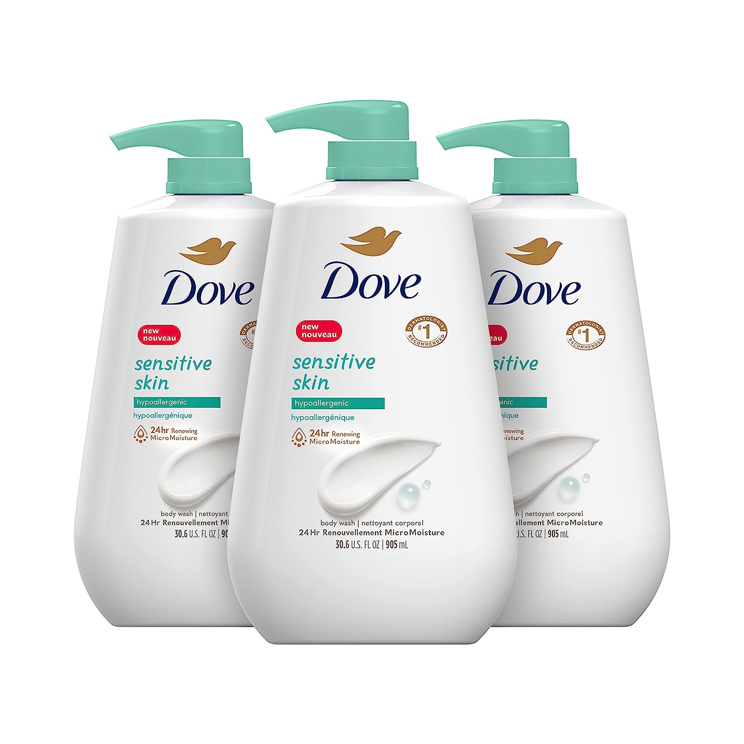 Dove Body Wash with Pump Sensitive Skin Hypoallergenic, Paraben-Free, Sulfate-Free, Cruelty-Free, Moisturizing Skin Cleanser Effectively Washes Away Bacteria While Nourishing Skin, 30.6 Oz (Pack of 3)