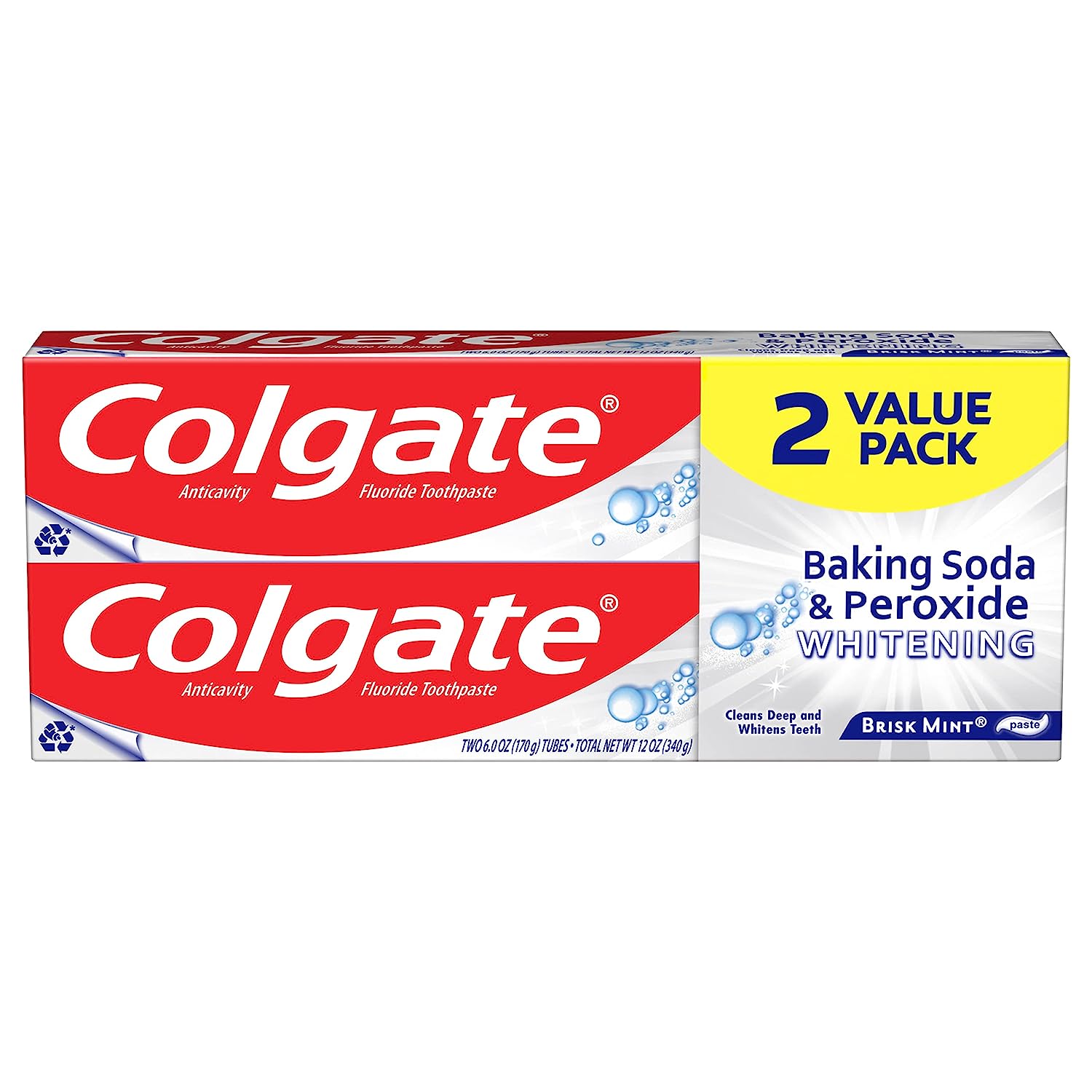 Colgate Baking Soda and Peroxide Toothpaste, Whitening Brisk Mint Flavor, Whitens Teeth, Fights Cavities and Removes Surface Stains for Whiter Teeth, 6 Oz Tube, 2 Pack