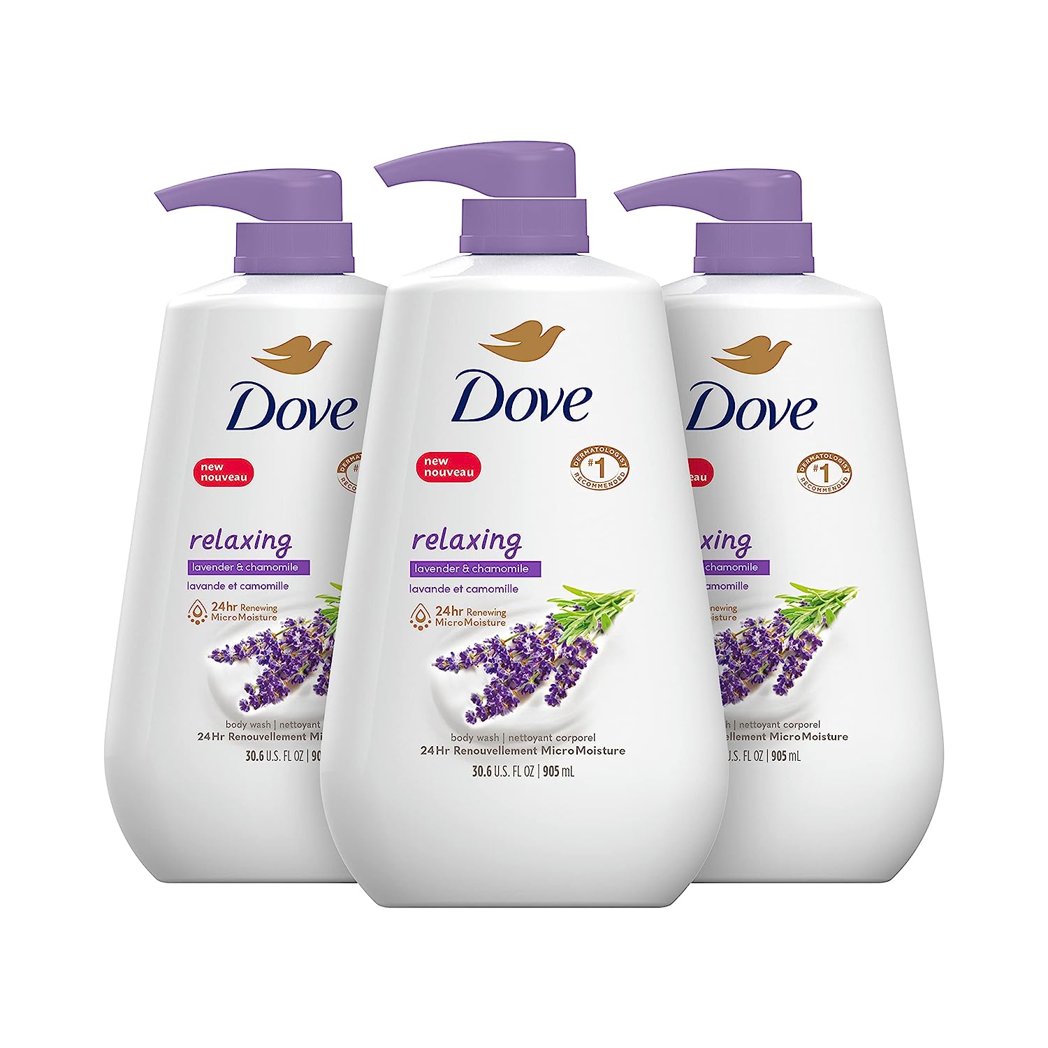 Dove Body Wash with Pump Relaxing Lavender Oil & Chamomile 3 Count for Renewed, Healthy-Looking Skin Gentle Skin Cleanser with 24hr Renewing MicroMoisture 30.6 oz