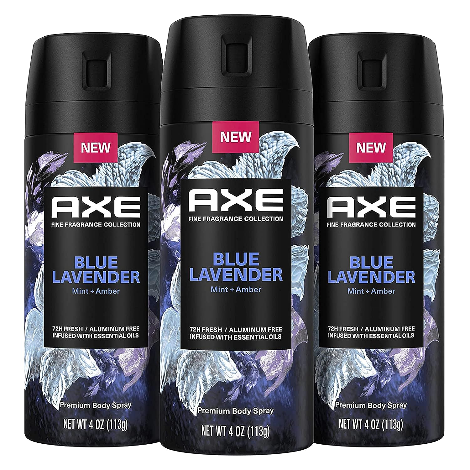 AXE Fine Fragrance Collection Premium Deodorant Body Spray For Men Blue Lavender 3 Count With 72H Odor Protection And Freshness Infused With Lavender, Mint, And Amber Essential Oils 4oz