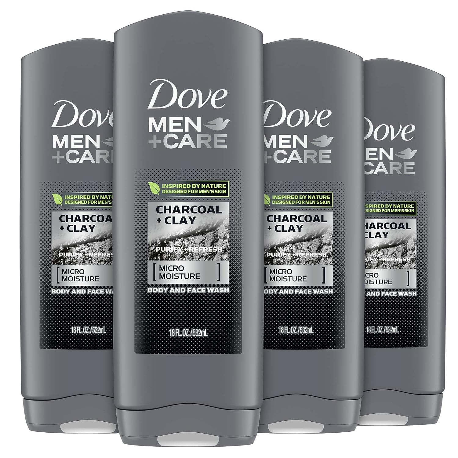 Dove Men+Care Elements Body Wash Charcoal + Clay 4 Count For Men's Skin Care Effectively Washes Away Bacteria While Nourishing Your Skin, 18 oz