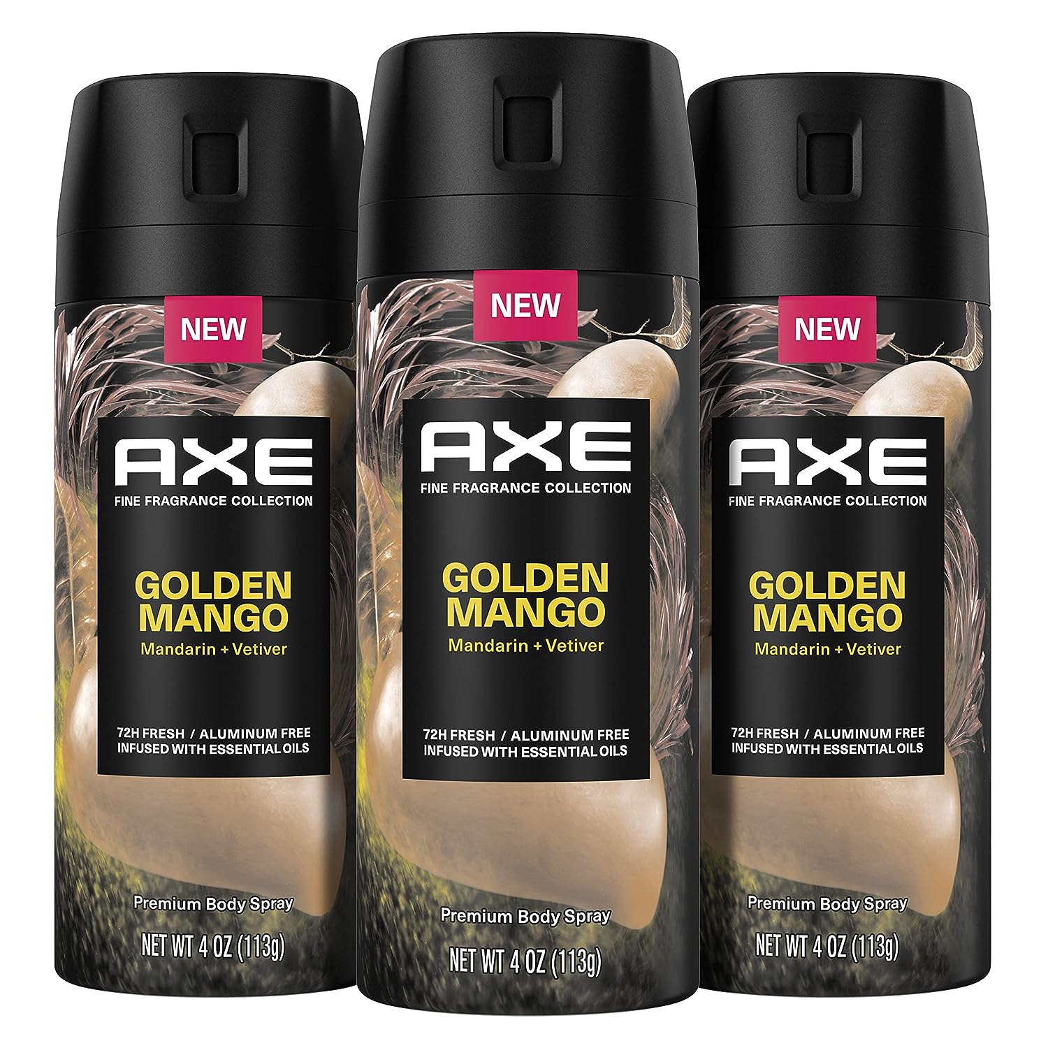 AXE Fine Fragrance Premium Deodorant Body Spray For Men Golden Mango 3 Count With 72H Odor Protection And Freshness Infused With Mango, Mandarin, And Vetiver Essential Oils 4oz