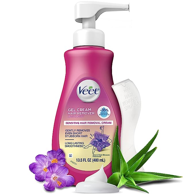 VEET Sensitive Skin Hair Removal Cream For Women, Painless Bikini Hair Removal Gel, Dermatologically Tested Depilatory Cream For Intimate Areas, 13.5 FL OZ Pump Bottle with Tool