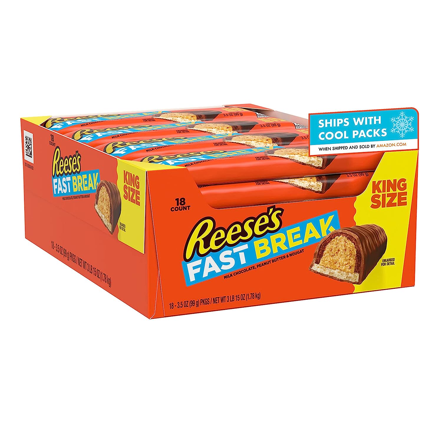 REESE'S FAST BREAK Milk Chocolate, Peanut Butter and Nougat King Size, Bulk, Individually Wrapped Candy Bars, 3.5 oz (18 Count)