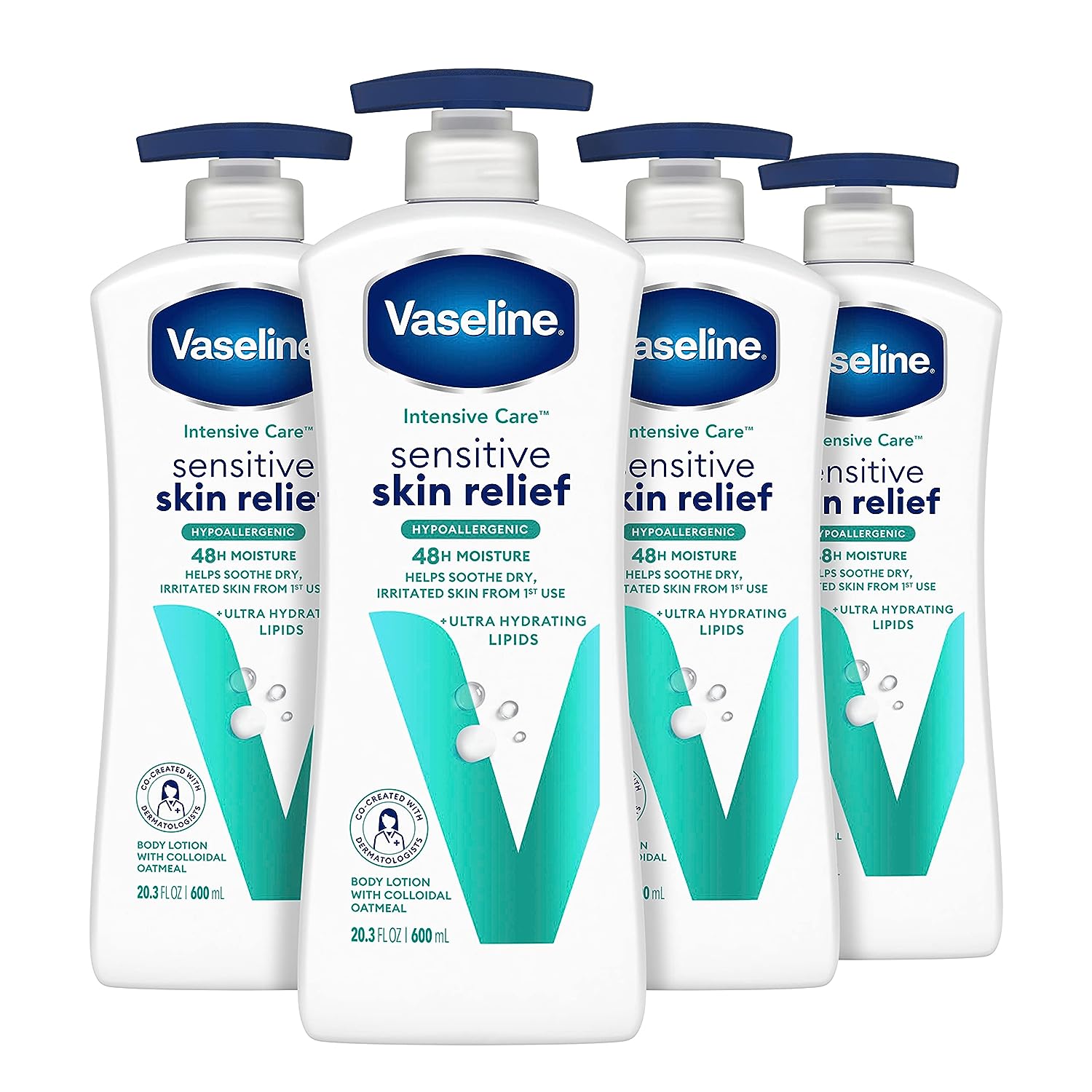 Vaseline Intensive Care Body Lotion Sensitive Skin Relief 4 Ct For Dry Skin With Colloidal Oatmeal and Ultra-Hydrating Lipids 20.3 oz