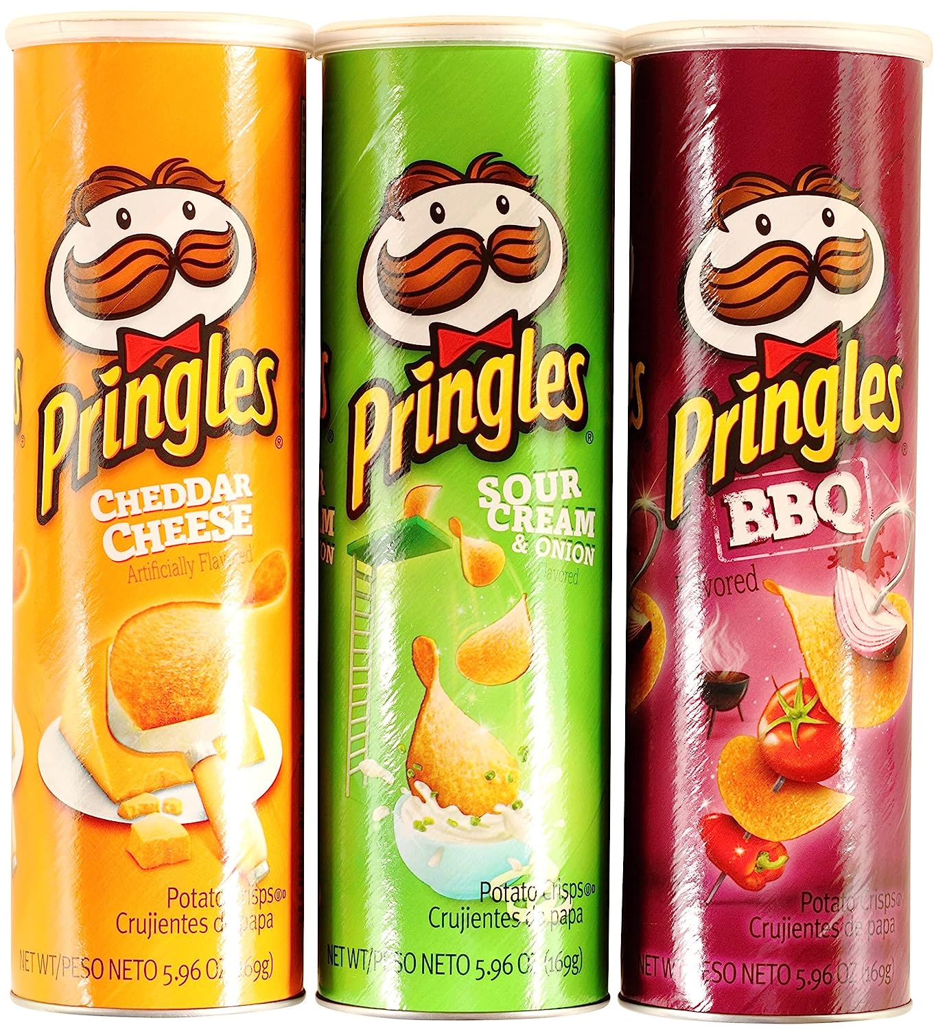 Pringles, Potato Chips Variety : Cheddar Cheese, Sour Cream and Onion, BBQ - 5.96oz each