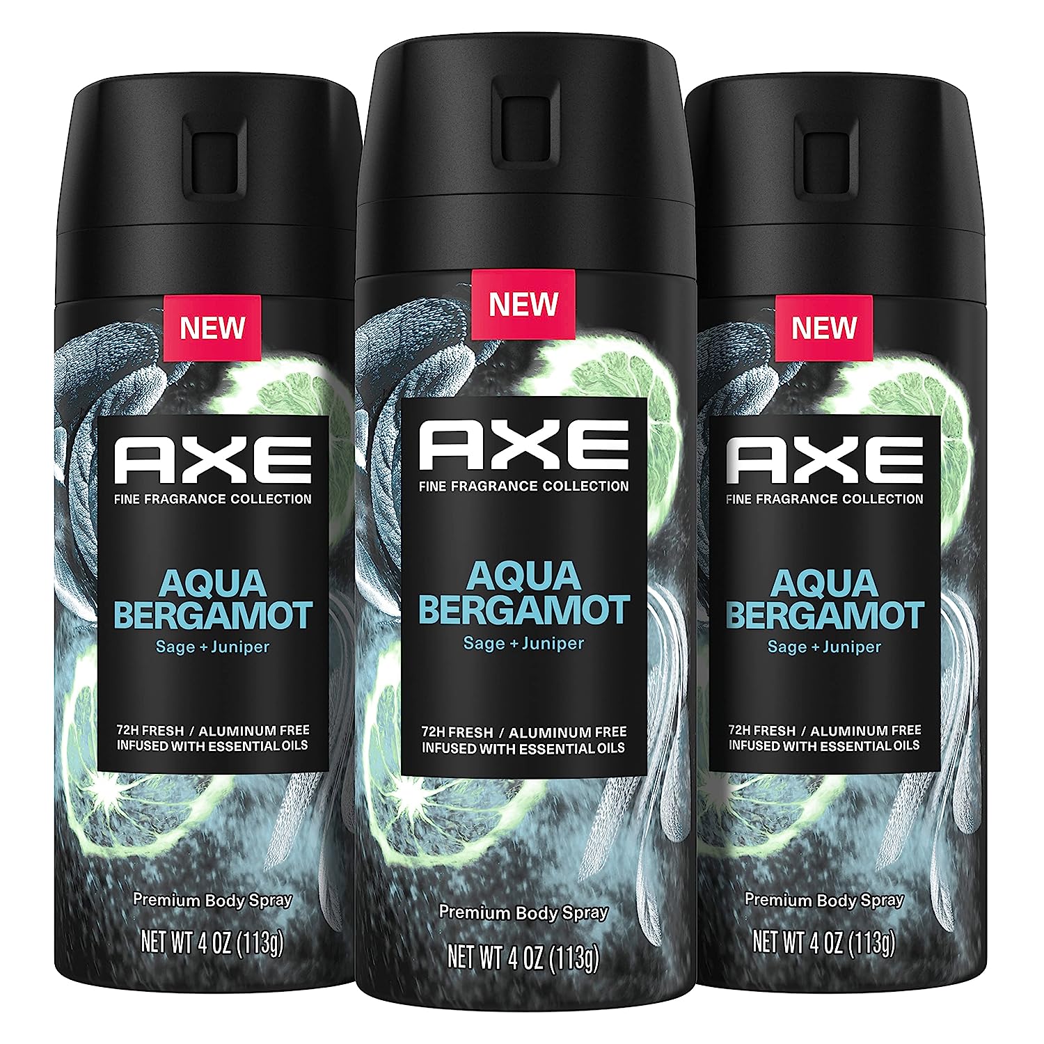 AXE Fine Fragrance Collection Premium Deodorant Body Spray for Men Aqua Bergamot 3 Count with 72H Odor Protection and Freshness Infused with Aqua, Bergamot, and Sage Essential Oils 4 oz