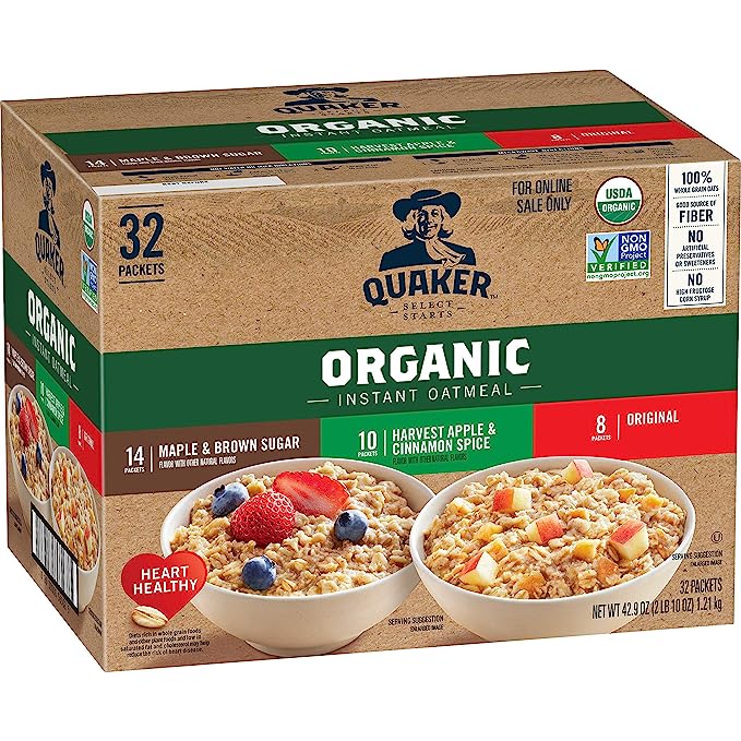 QUAKER Instant Oatmeal, USDA Organic, Non-GMO Project Verified, 3 Flavor Variety Pack, Individual Packets, 32 Count