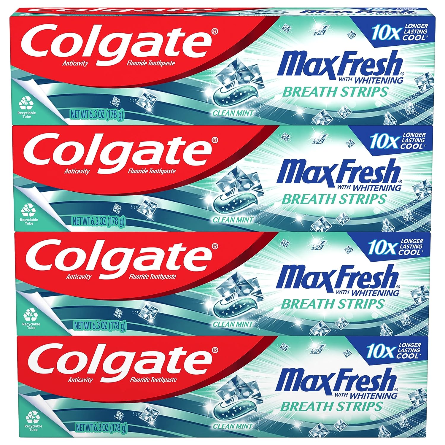 Colgate Max Fresh Toothpaste, Whitening Toothpaste with Mini Breath Strips, Clean Mint Toothpaste for Bad Breath, Helps Fight Cavities, Whitens Teeth, and Freshens Breath, 4 Pack, 6.3 Oz Tubes