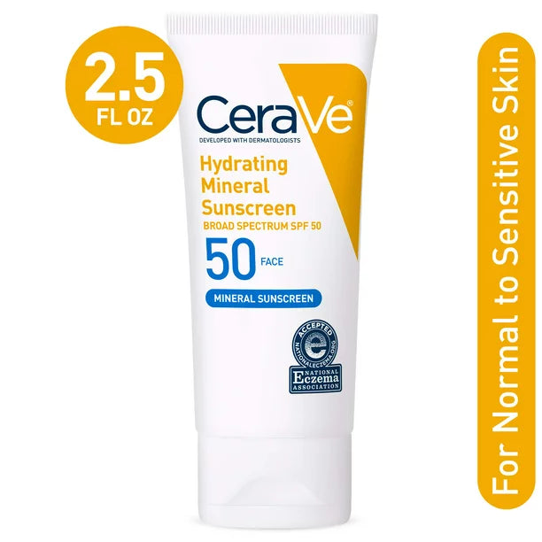 CeraVe Hydrating Face Sunscreen SPF 50, Lightweight Mineral Sunscreen, 2.5 fl oz