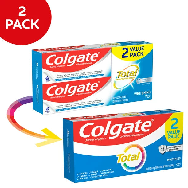 Colgate Total Whitening Toothpaste Gel, Mint, 2 Pack, 5.1 Oz Tubes