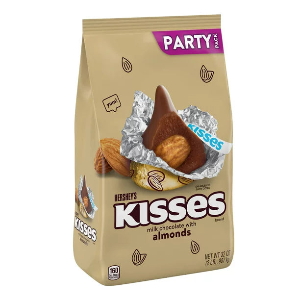 HERSHEY'S KISSES Milk Chocolate with Almonds Gold Foil, Candy Bulk Party Bag, 32 oz