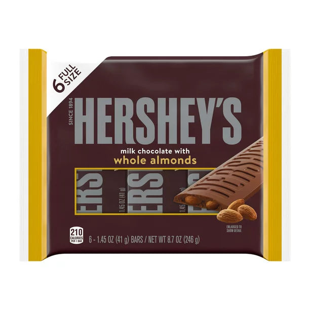 Hershey's Milk Chocolate with Whole Almonds Movie Snack, Gluten Free, Individually Wrapped Candy Bars, 1.45 oz 6 Ct