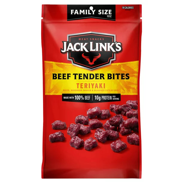 Jack Link’s Beef Tender Bites, 100% Beef, Teriyaki, 10g of Protein per Serving, 10 oz Ba