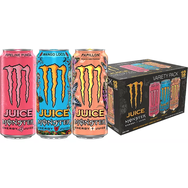 Juice Monster Energy, VP, Mango Loco, Energy + Juice, 16 fl oz + Juice Monster Pipeline Punch, Energy + Juice, 16 fl oz + Juice Monster, Papillon, Juice + Energy Drink, 16 fl oz.