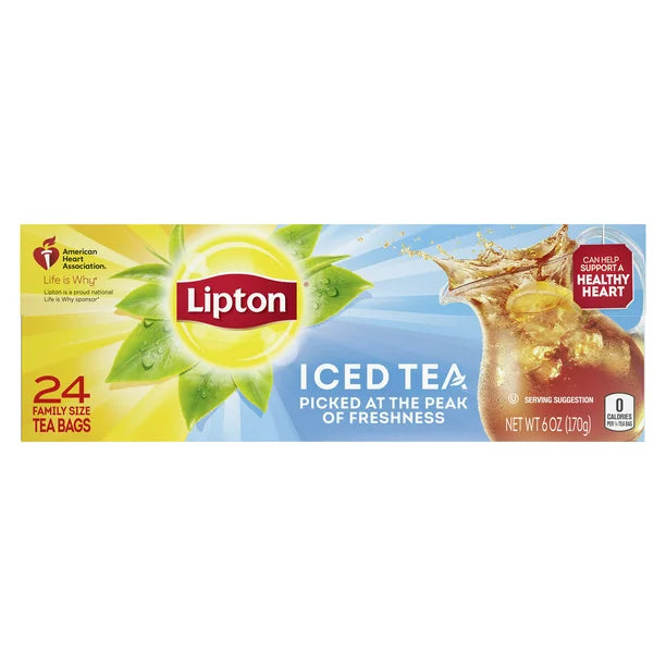 Lipton Family Sized Iced Unsweetened Black Tea, Caffeinated, Tea Bags 24 Count Box