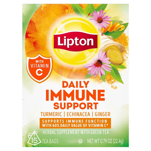 Lipton Immune Support Herbal Green Tea Supplement, Caffeine-Free, Tea Bags 15 Count Box