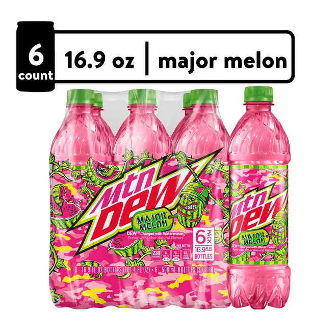 Mtn Dew Major Melon Dew Charged With Watermelon Flavor 16.9 Fl Oz 6 Count Bottles