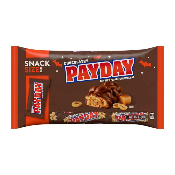 Payday Chocolate Covered Peanut Caramel Snack Size Halloween Candy Bars, 10.64 oz Bag