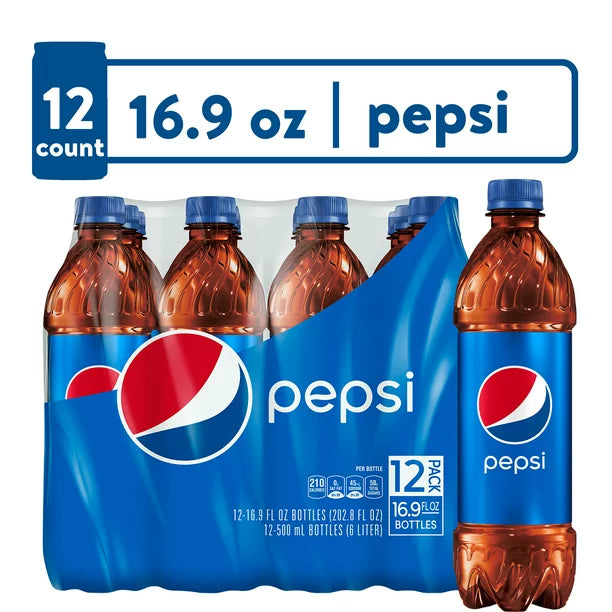 Pepsi Cola Soda Pop, 16.9 fl oz, 12 Pack Bottles