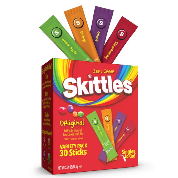 Skittles Zero Sugar Variety Pack Singles-To-Go Powdered Drink Mix, Original, 30 Count Packets