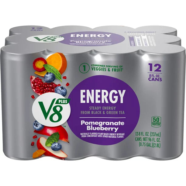 V8 +ENERGY Pomegranate Blueberry Energy Drink, 8 FL oz Can (Pack of 12)