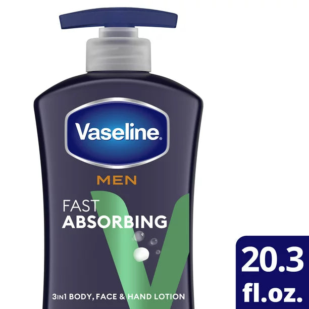 Vaseline Men Fast Absorbing 3-in-1 Face, Hands & Body Lotion for Men, 20.3 oz